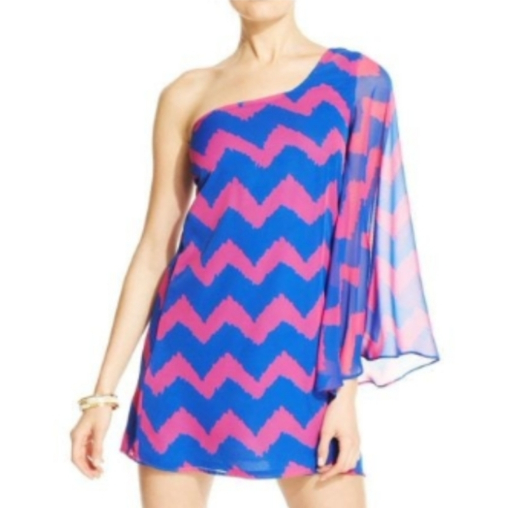Like NEW As U Wish Pink & Blue Chevron One Shoulder Dress | Size Medium